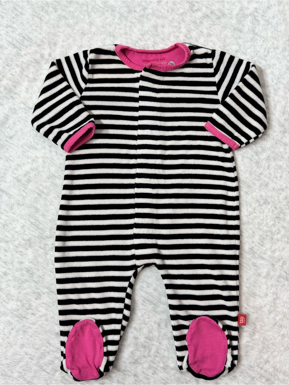 Magnetic Me Black White Stripe Pink Velour Footie Sleeper 3-6M Baby Girl Cozy